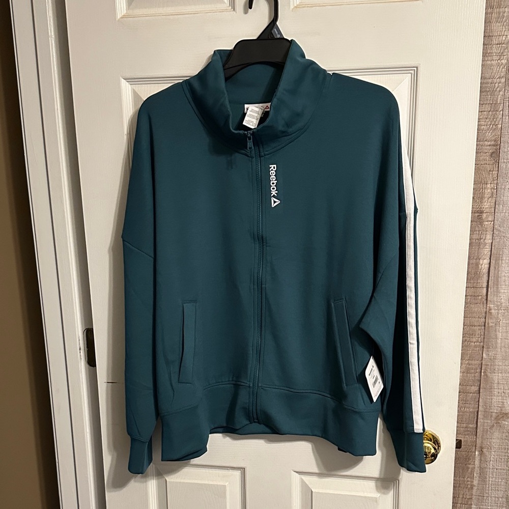 Reebok Teal Zip-Up Track Jacket with White Sleeve Stripes